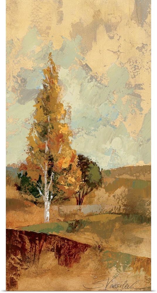 Decorative artwork perfect for the home of painted hills topped with tall trees during the fall season.