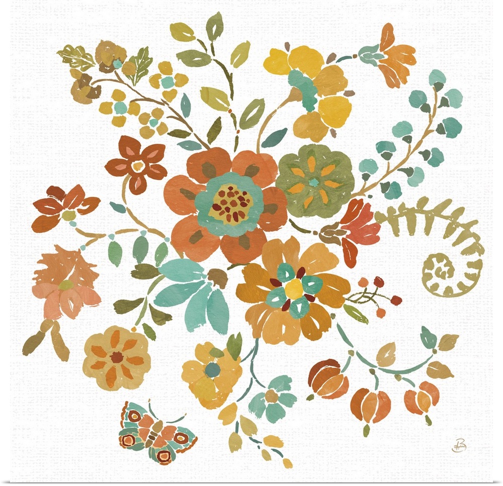 Illustrated Autumn flowers and a butterfly on a white, square background with faint, grey dots.