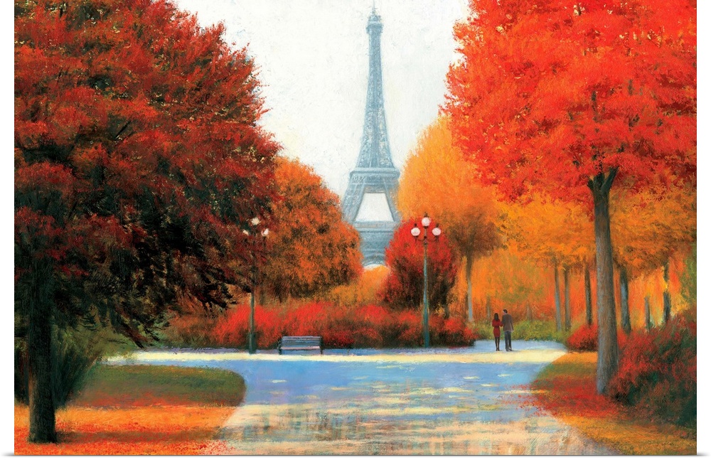 Contemporary painting of an autumn day in Paris, with a view of the Eiffel tower.