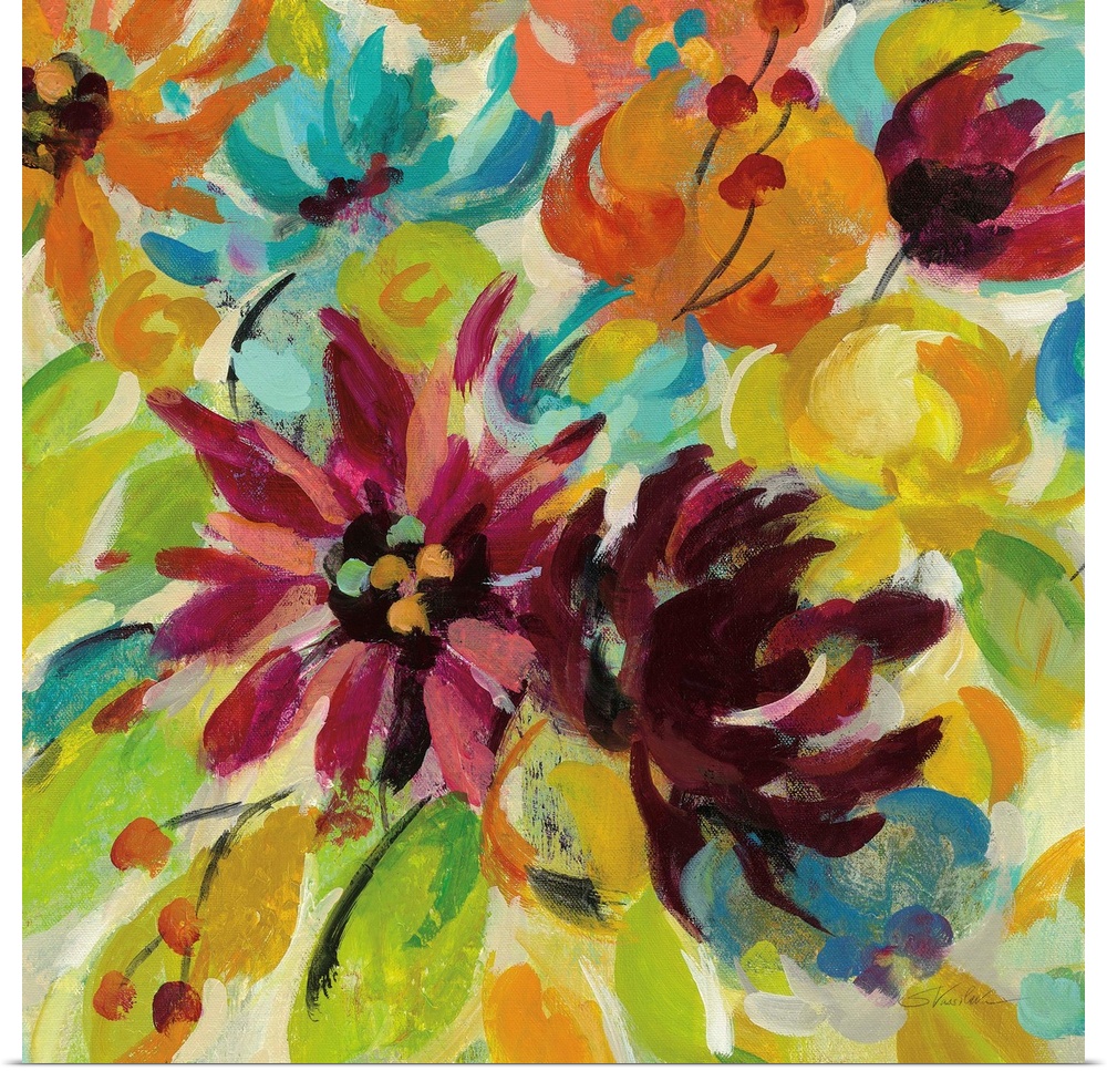Square floral contemporary abstract painting with Autumn colors.