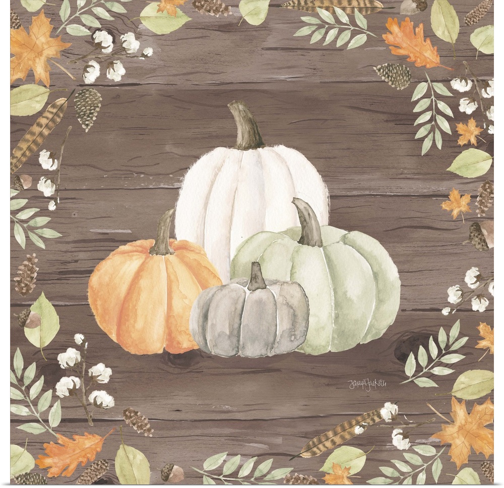 Decorative artwork of fall leaves framing a group of pumpkins and a brown wood background.