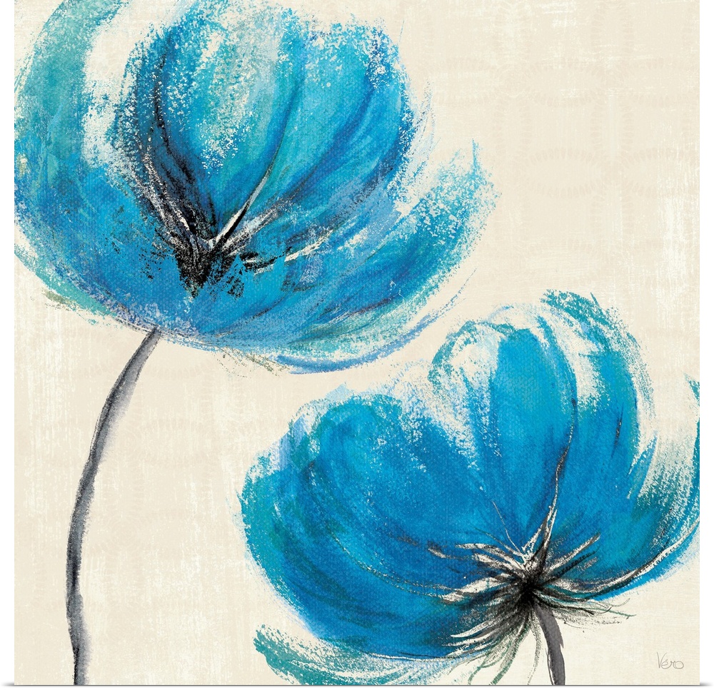 Large contemporary art focuses on two lone flowers constructed of bright cool tones positioned against a bare background.