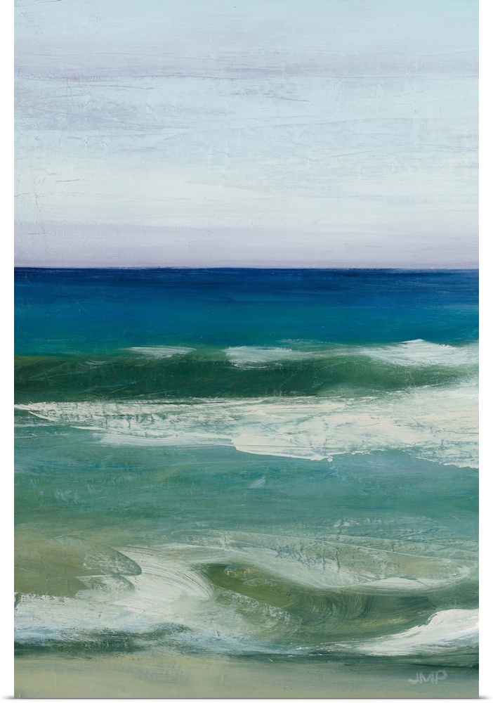 Contemporary artwork of textured brush strokes that carve out a serene ocean scene.