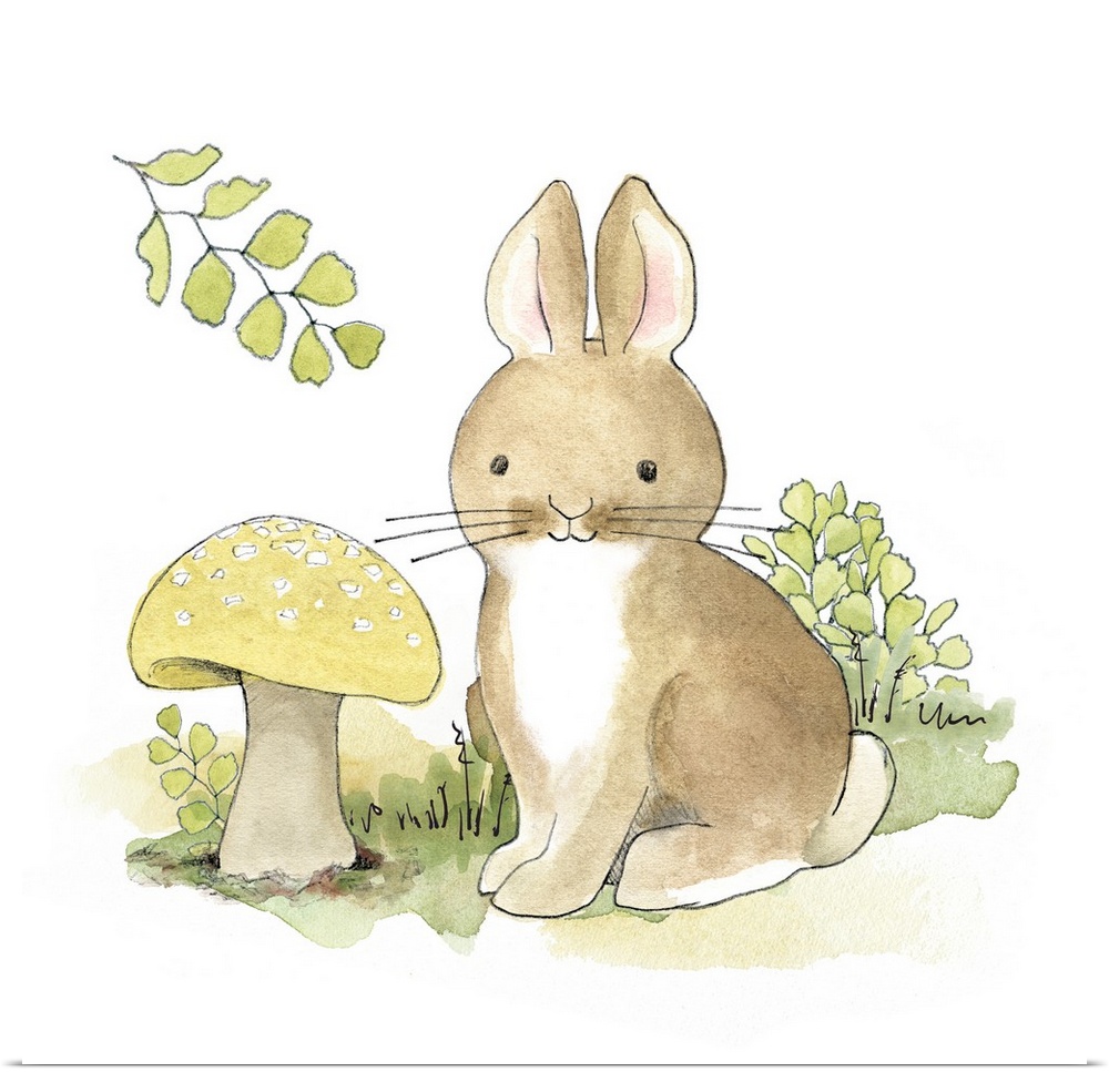 Watercolor painting of a baby bunny surrounded by plants and a giant mushroom.