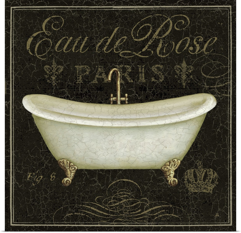 Square painting of a bathtub on top of a textured and dark background with french writing.