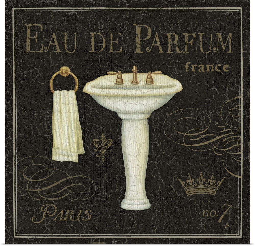 Image of a pedestal sink and ring towel holder with the text "Eau de Parfum."