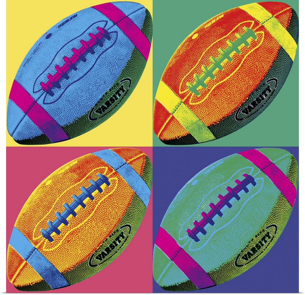A pop art style rendering of a football copied in to four multi-colored squares.