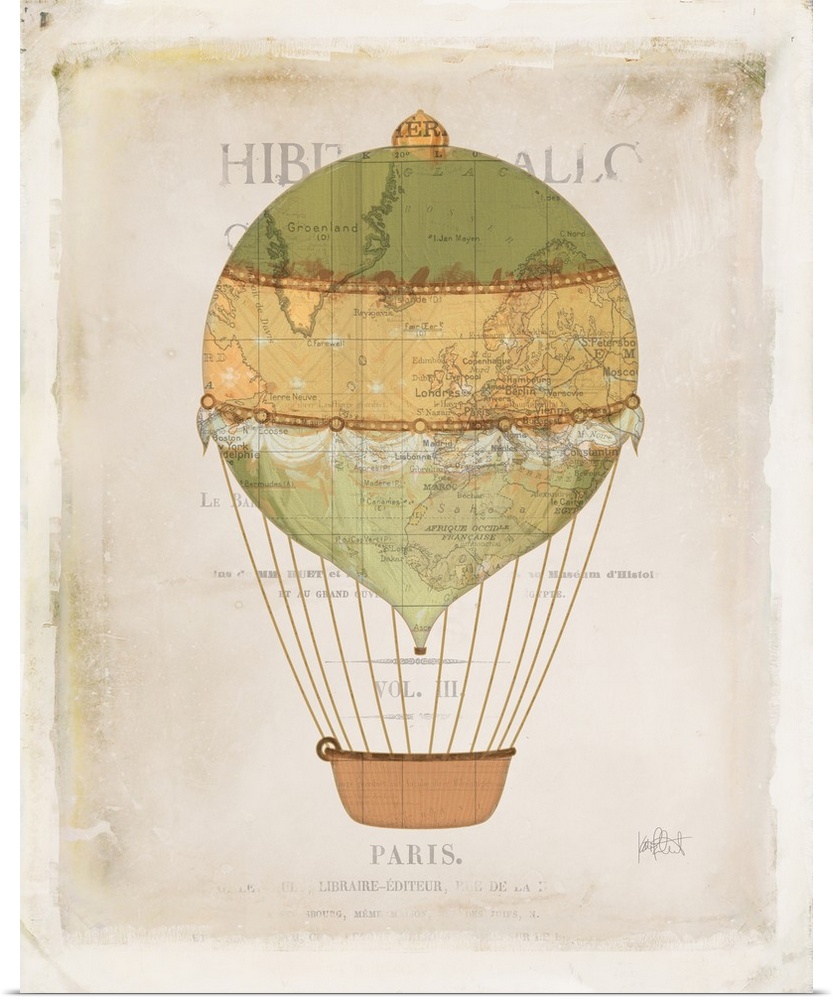 Illustration of a colorful hot air balloon on a aged background with a faint map and writing.