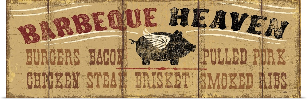 Long horizontal image on canvas of a painting of a pig with wings with the text "Barbeque Heaven".