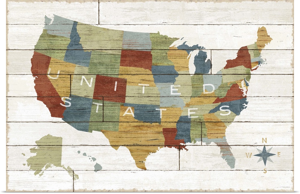 Map of the United States with each state in different colors, on a wooden board background.