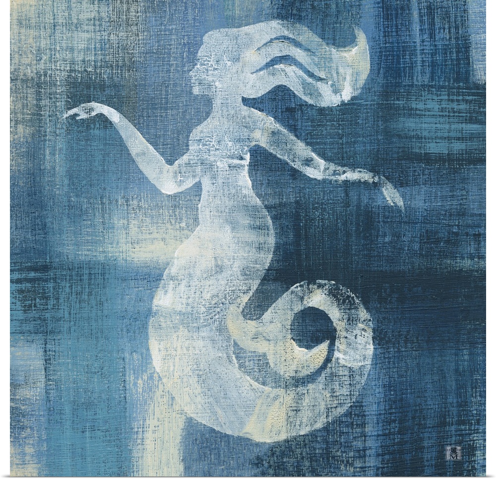Square artwork of a white mermaid among a white and blue brushed finish.