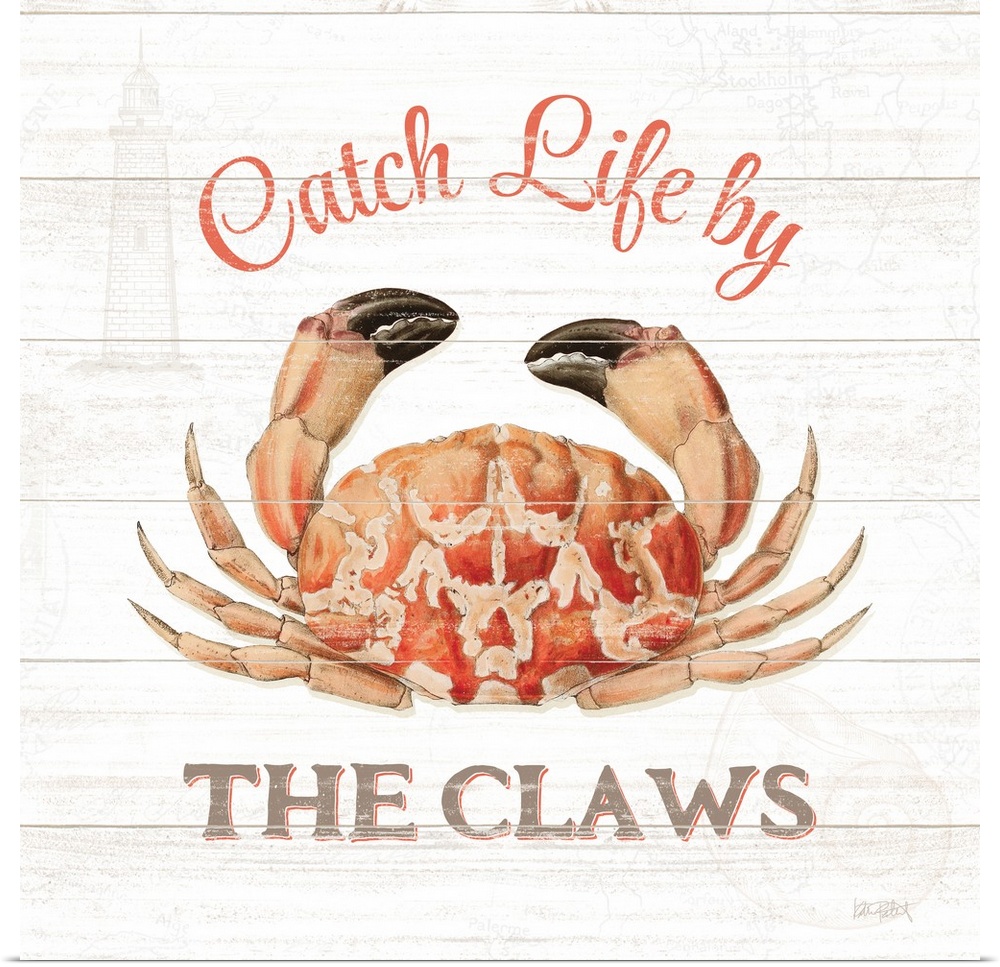 Square beach decor with "Catch Life by The Claws" written around an illustration of a crab, on a white wooden background.