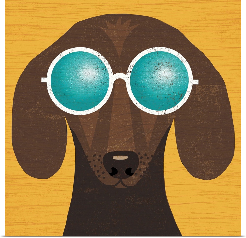 Illustration of a dachshund wearing circular sunglasses on a yellow wood grain background.