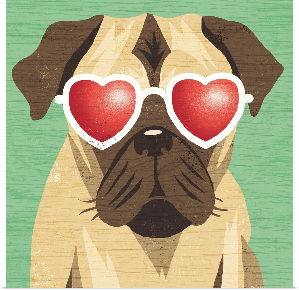 Illustration of a pug wearing heart shaped sunglasses on a green wood grain background.