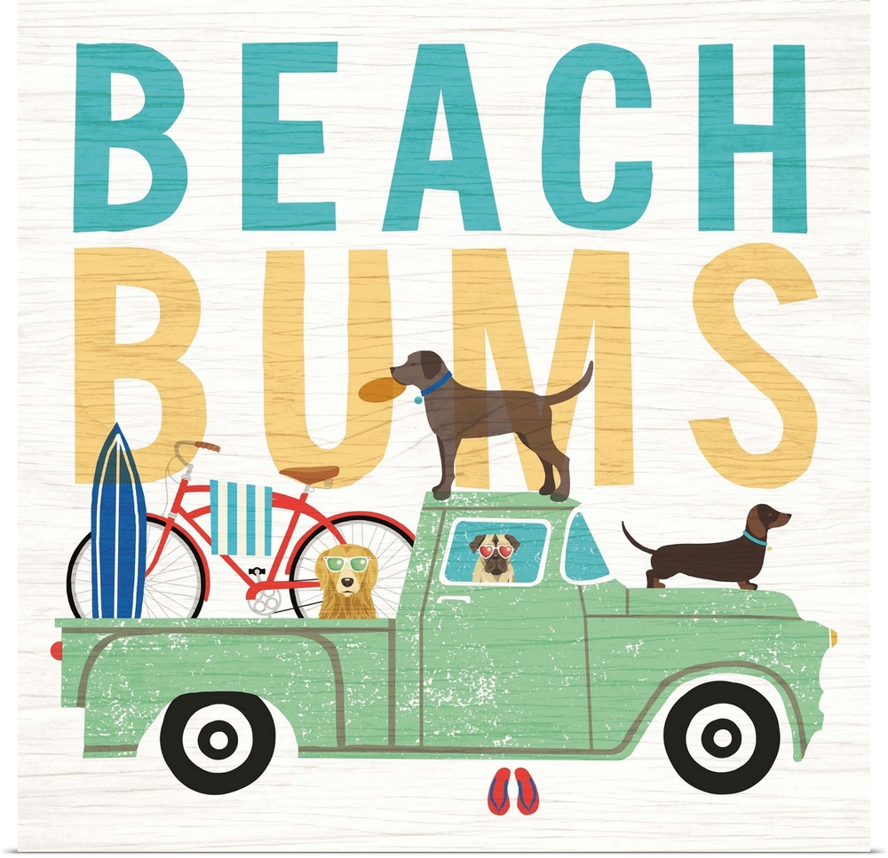 "BEACH BUMS" illustration of four dogs in a green truck heading to the beach.
