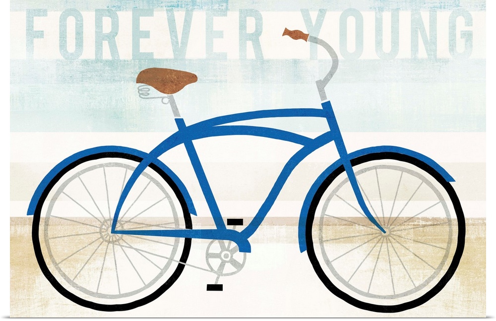 "Forever Young" with an illustration of a blue bicycle on a blue, white, and tan background created with horizontal lines.