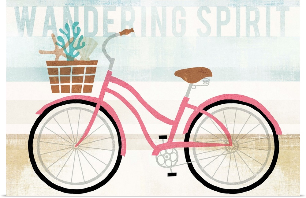 "Wandering Spirit" with an illustration of a pink bicycle with a basket of seashells on a blue, white, and tan background ...
