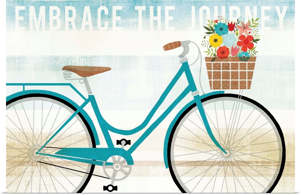 "Embrace the Journey" with an illustration of a blue bicycle with a basket of flowers on a blue, white, and tan background...