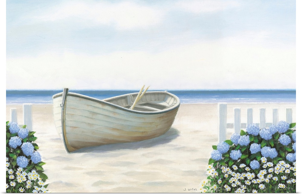 Contemporary painting of a white boat on the sandy shore of a beach with daisies and blue hydrangeas lining a white picket...