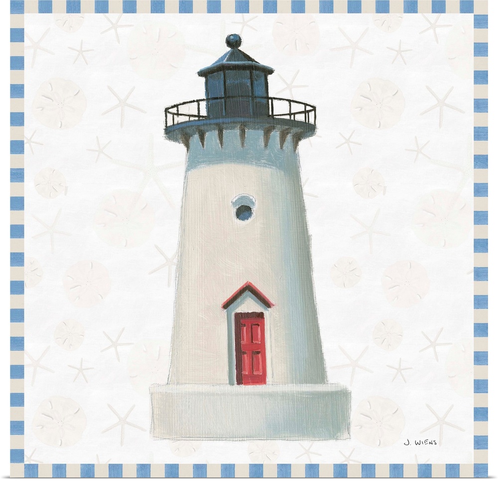 Painted beach decor with a lighthouse in the center and a blue and off-white checkered border.