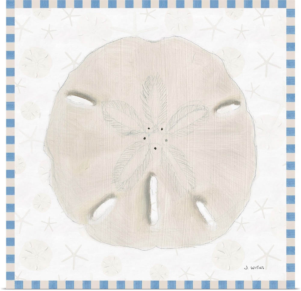 Painted beach decor with a single sand dollar in the center and a blue and off-white checkered border.
