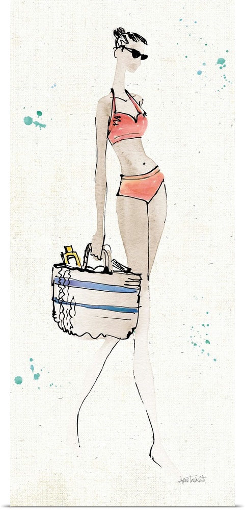 Contemporary fashion sketch of a woman wearing beach attire.