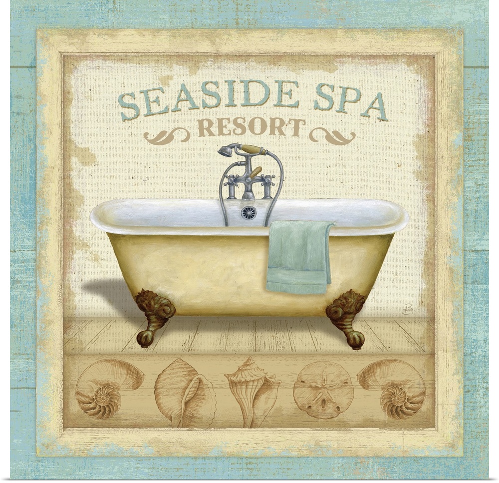 Square, beach themed home art docor of an antique bathtub with the text "Seaside Spa Resort" above it, various sea shells ...