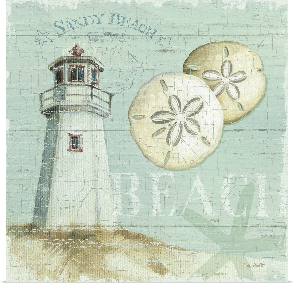 Square shaped docor for the home this decorative accent shows a lighthouse and two floating sand dollars.