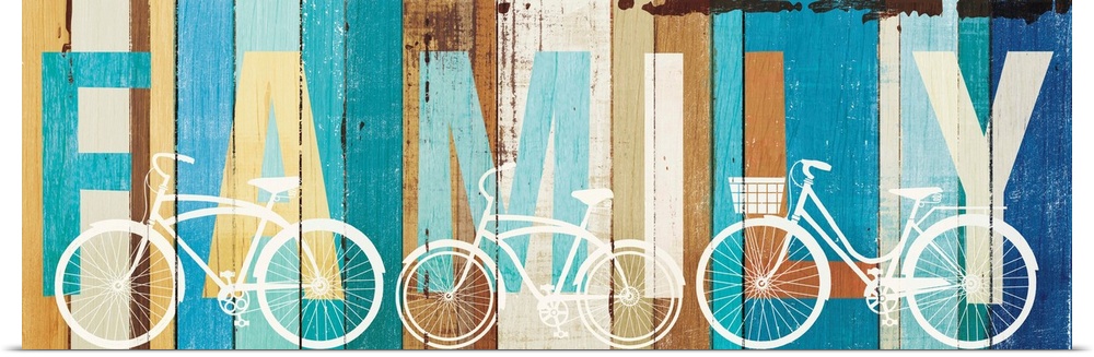 "FAMILY" painted on wood panels with white silhouettes of bicycles.