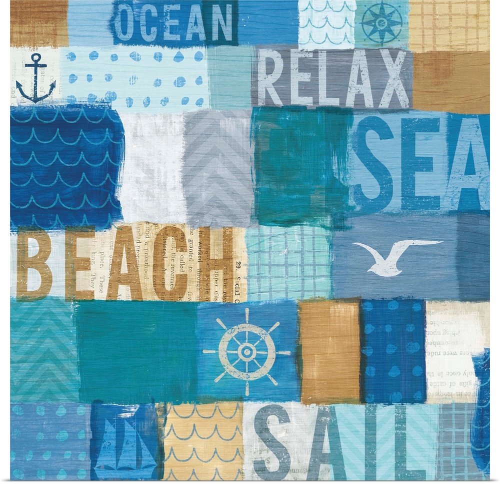 Square art with shades of blue, tan, and white patches with different patterns and designs and the words "Ocean," "Beach,"...