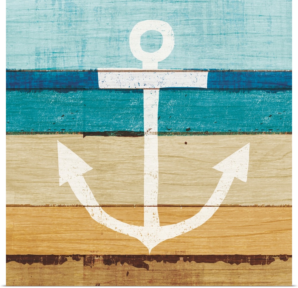 White anchor on a blue and brown painted wood background.