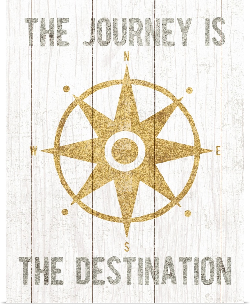 Metallic gold rose compass and the phrase "The Journey Is The Destination" on a white wood paneled background.
