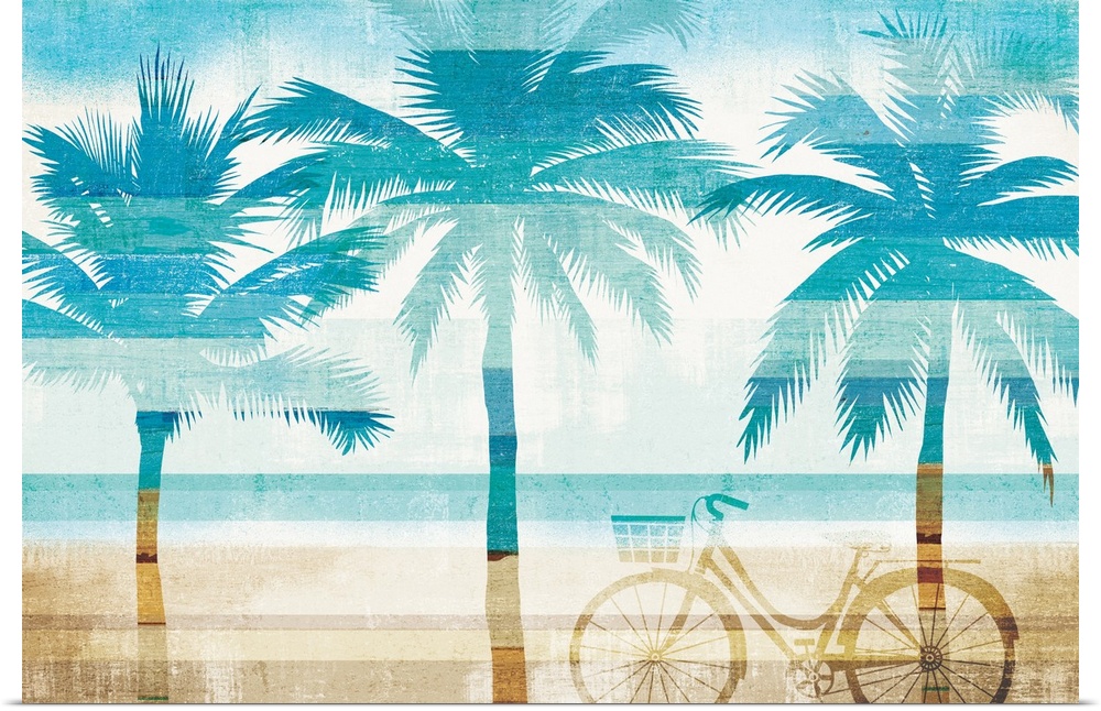 Three palm trees and a bicycle made with blue and tan gradients of color resembling the ocean and sand.