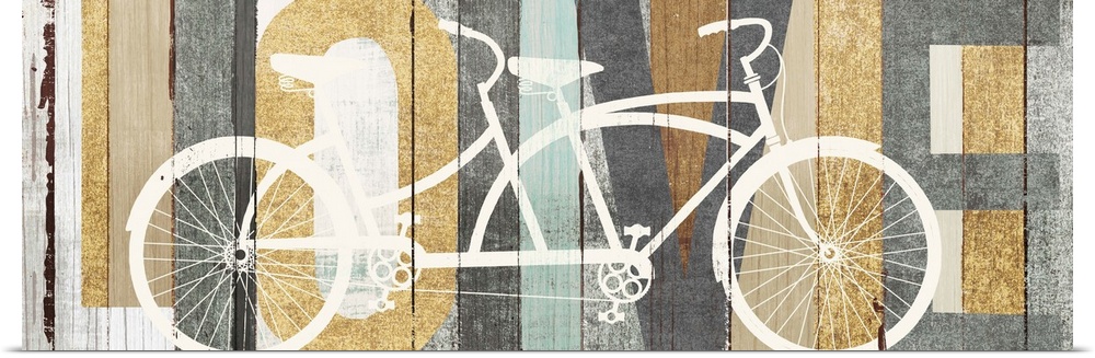 "LOVE" painted on a wood paneled background with a white silhouette of a tandem bicycle on top.