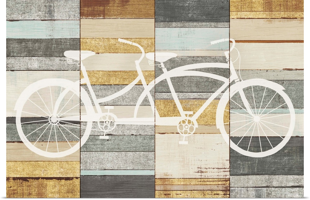 White silhouette of a tandem bicycle on a painted wood paneled background.