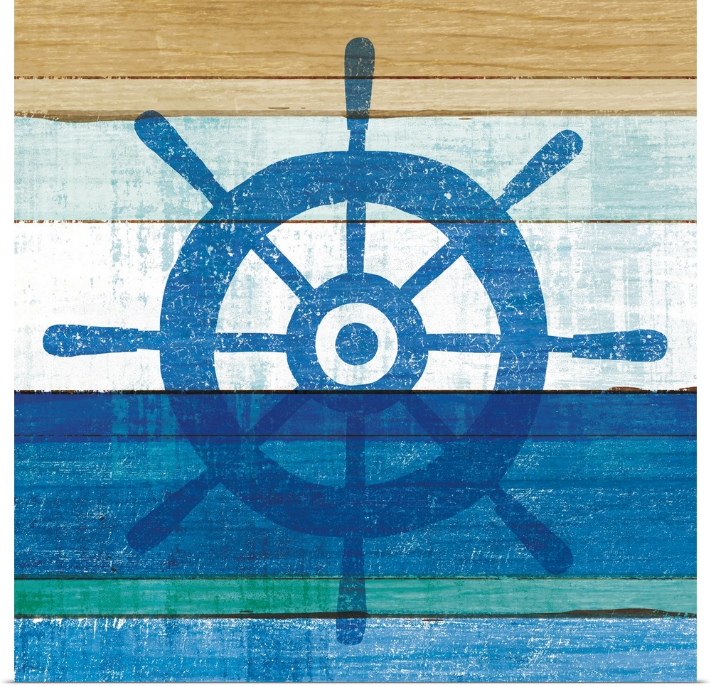 Blue wheel on a blue and brown painted wood background.