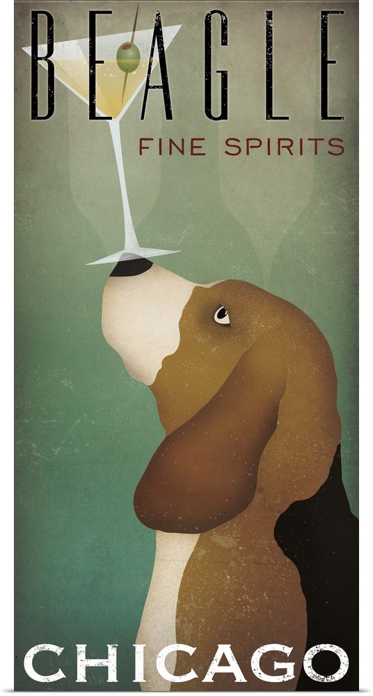 Contemporary cocktail artwork of a beagle in profile with a martini balanced on its nose.