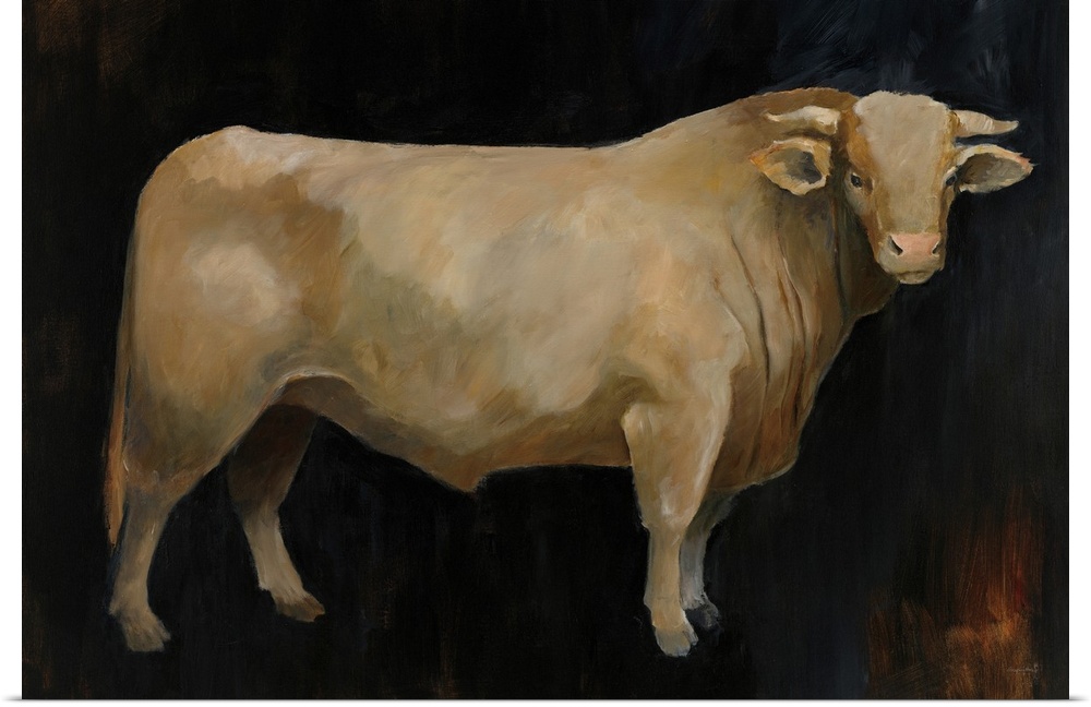 Contemporary painting of a brown cow on a dark background.