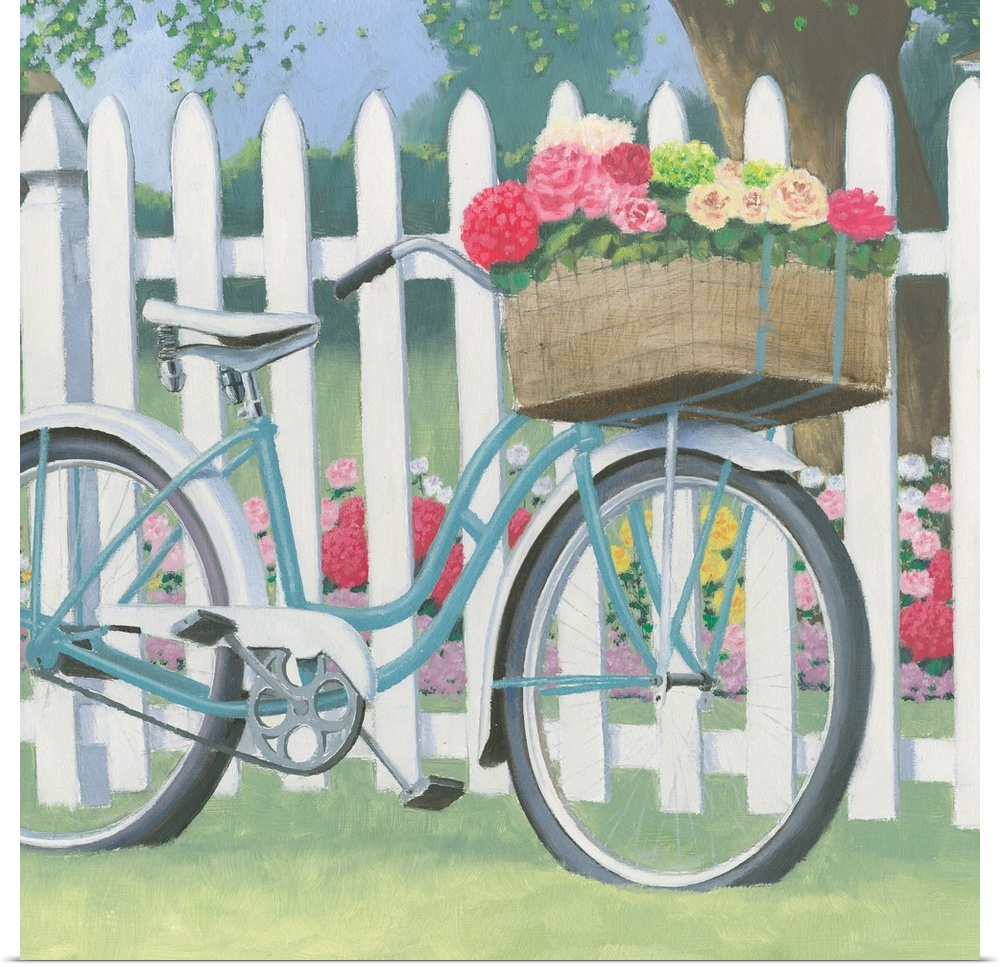Square contemporary painting of a blue bicycle and a front basket of flowers leaning on a white picket fence.