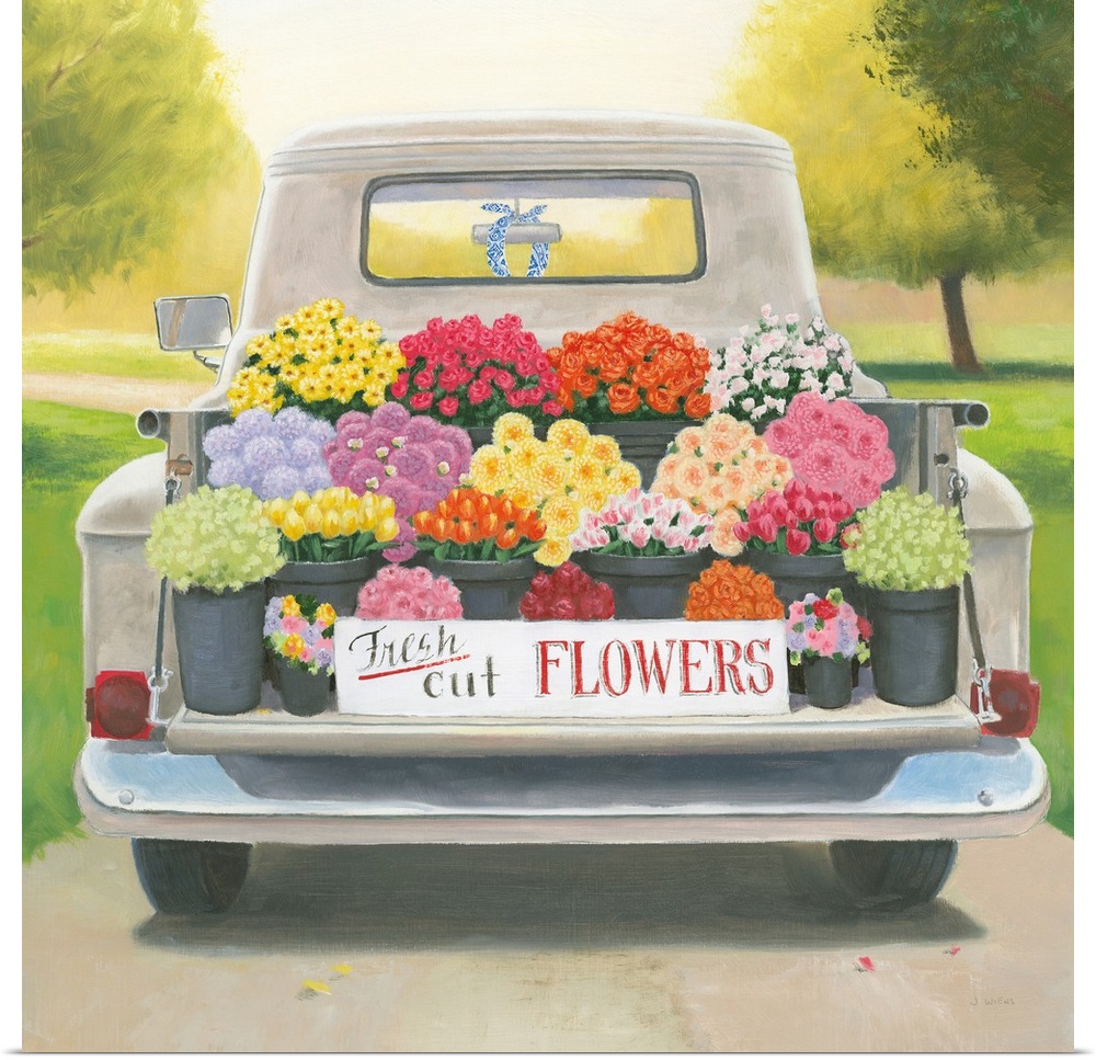 Square contemporary painting of a vintage truck bed full of fresh cut flowers for sale.
