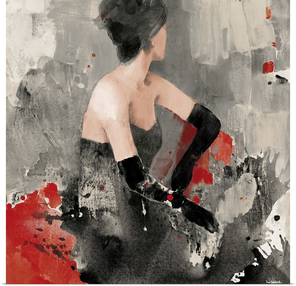 Contemporary painting of a dark haired woman wearing a black ball gown with splashes of red and black paint around her.
