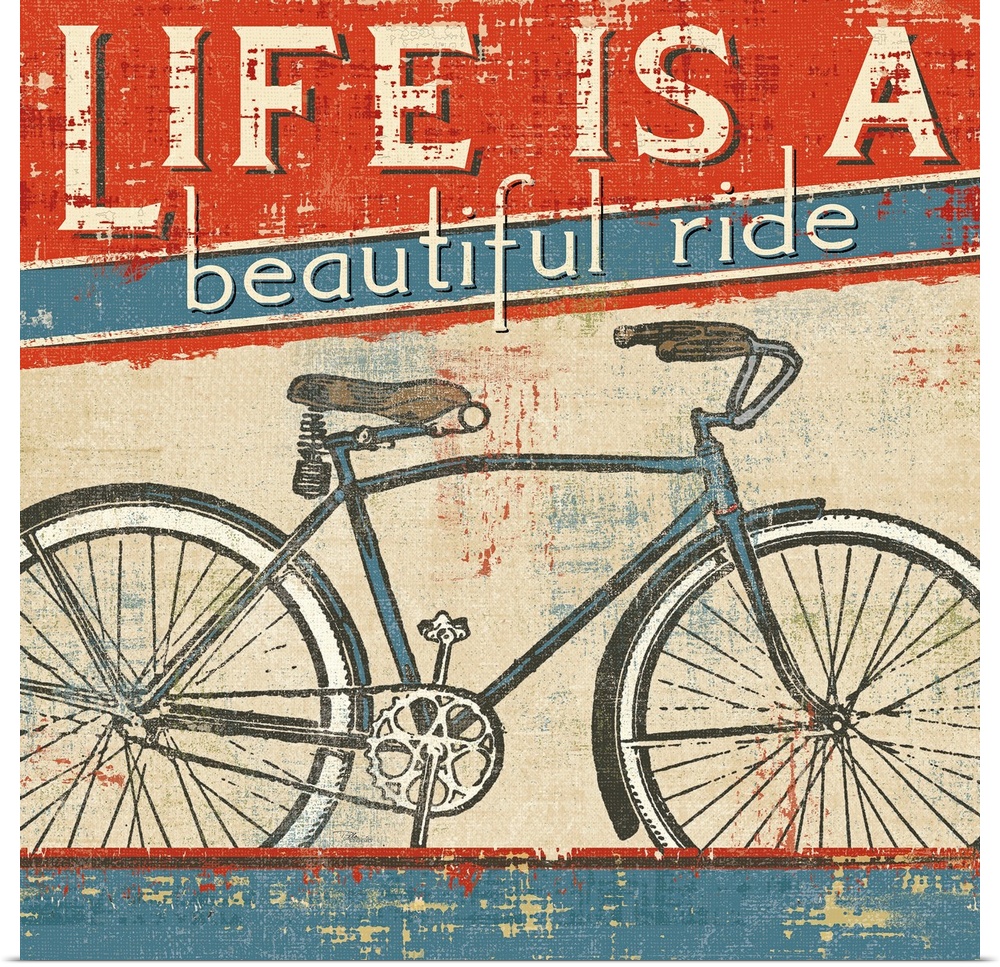 Square wall art of a bicycle with retro typography inspired by vintage posters.