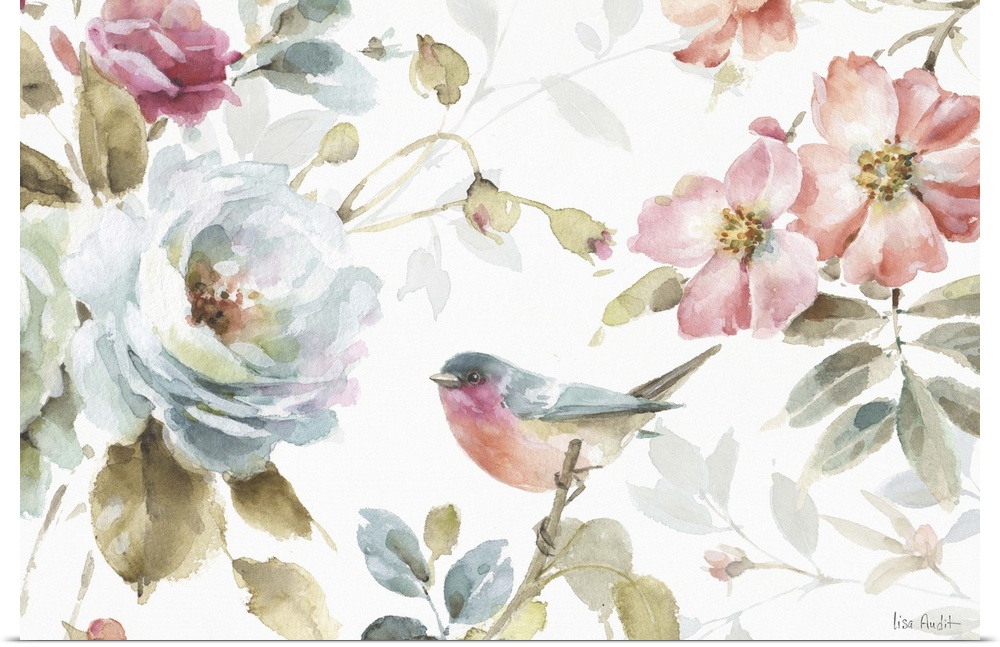 Watercolor painting of a bird surrounded by pink and blue flowers.