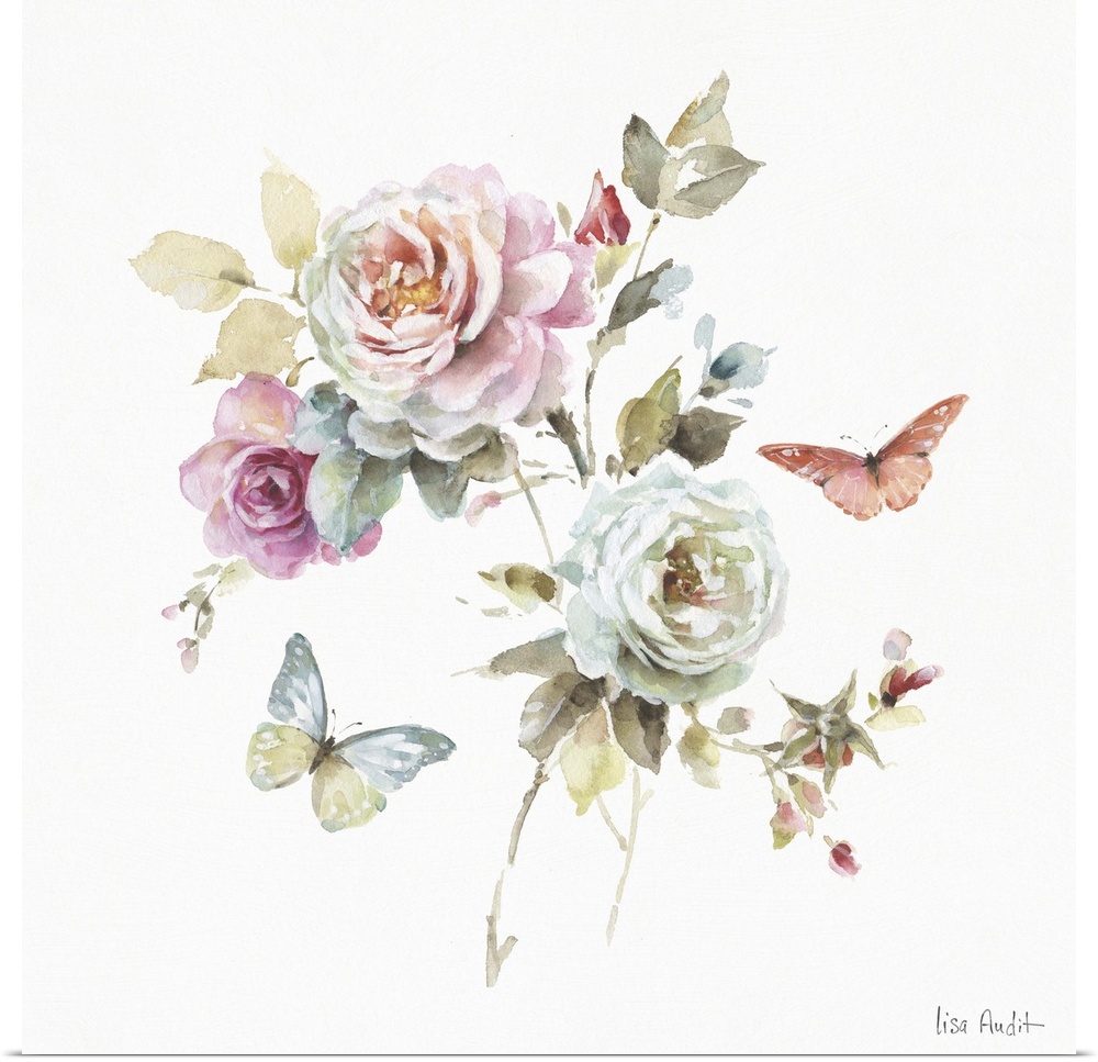 Square watercolor painting of roses and butterflies.