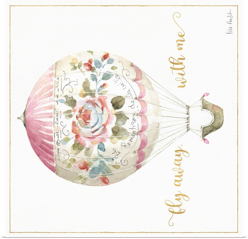 Square watercolor painting of a pink and white hot air balloon with a rose on it and the phrase "fly away with me" written...