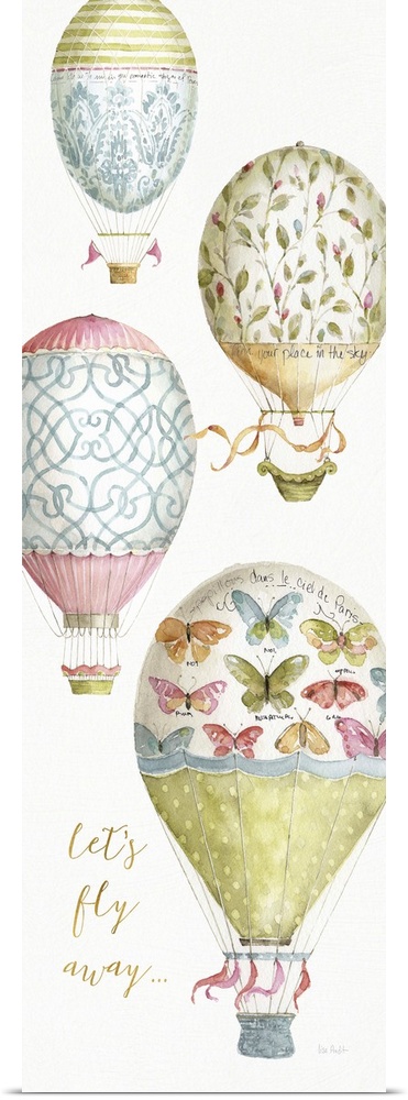 Tall rectangular watercolor painting of four hot air balloons each with their own intricate designs and the phrase "Let's ...