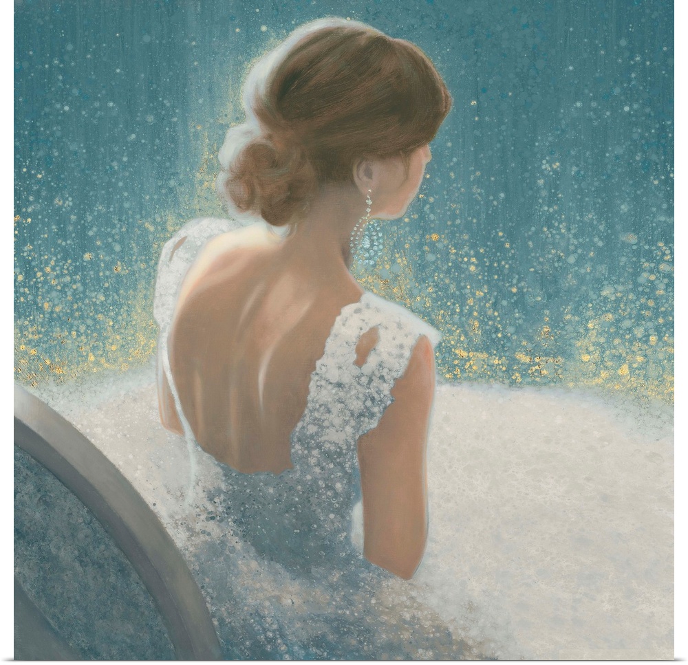 A contemporary painting of a woman seen seated wearing a light blue ball gown in a glittering blue environment.