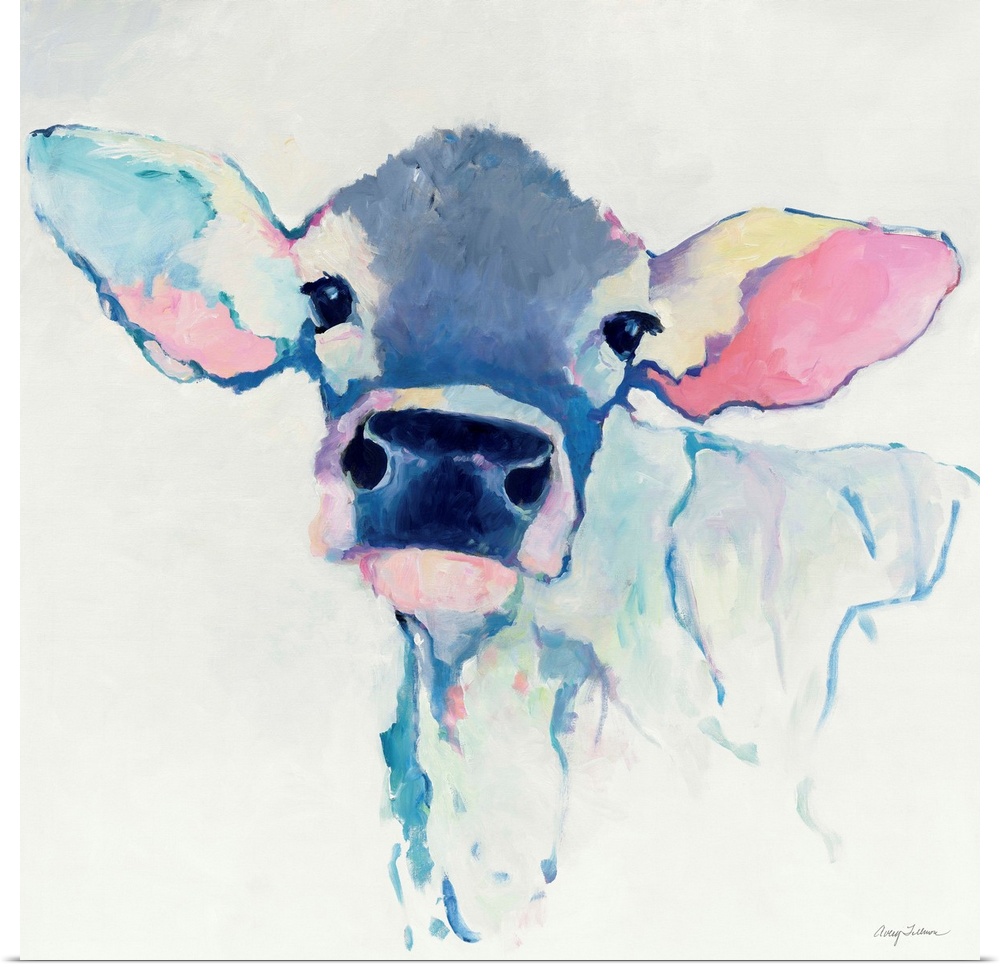 Contemporary painting of a portrait of a cow in pale purple and pinks.