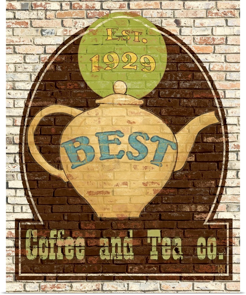 Big canvas print of a a logo for tea and coffee painted onto a brick wall.