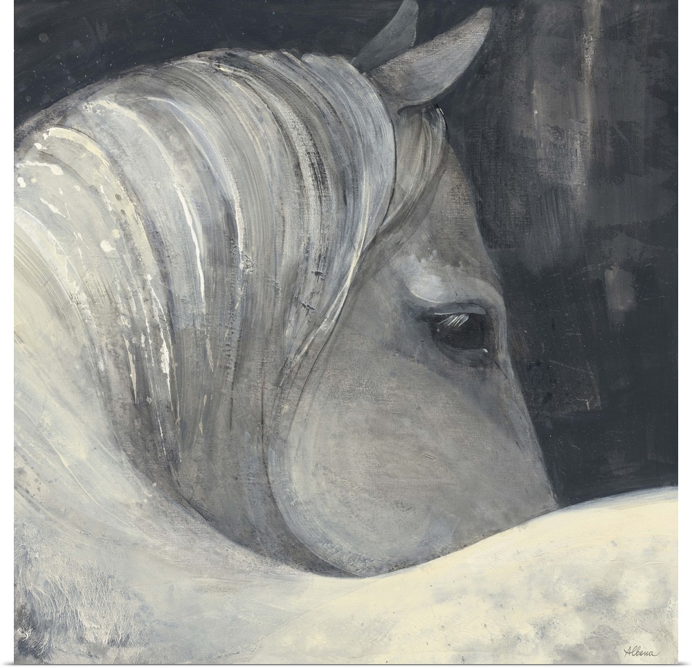 Square grey toned painting of a horse on a dark background.